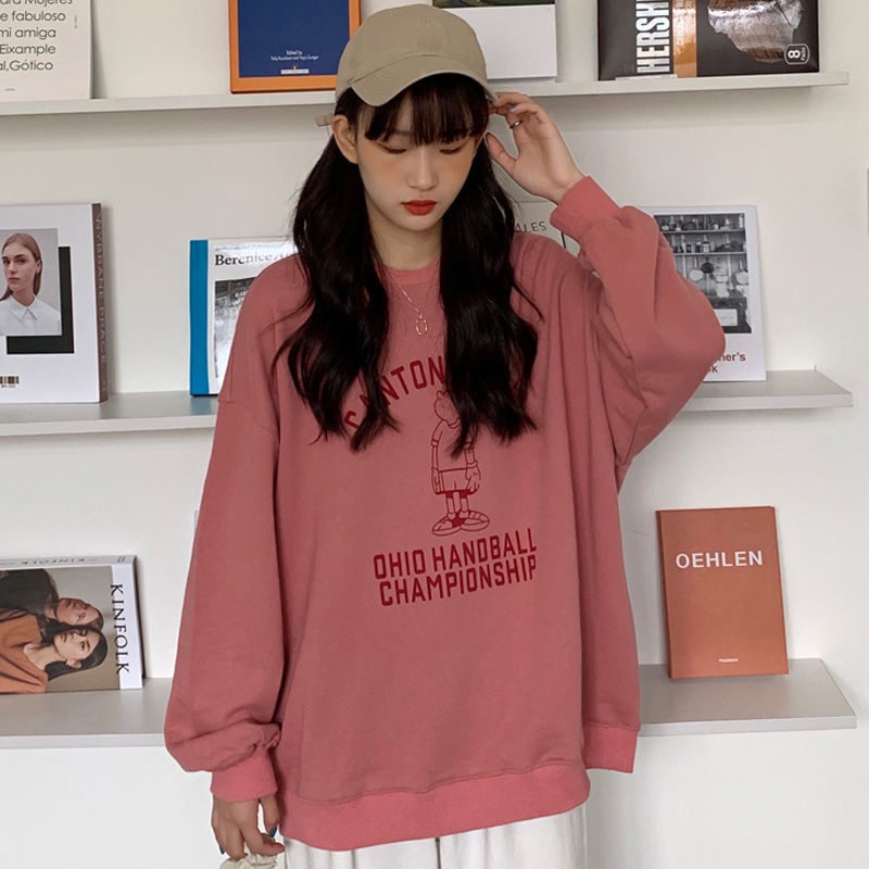 Áo Sweater Cổ Tròn Dáng Rộng In Chữ Hoạt Hình Phong Cách Hàn Quốc Thời Trang Cho Nữ 2021