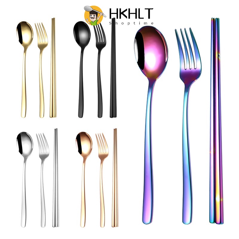 Set Đũa / Muỗng / Nĩa Chất Liệu Thép Không Gỉ Kèm Túi Phong Cách Hàn Quốc