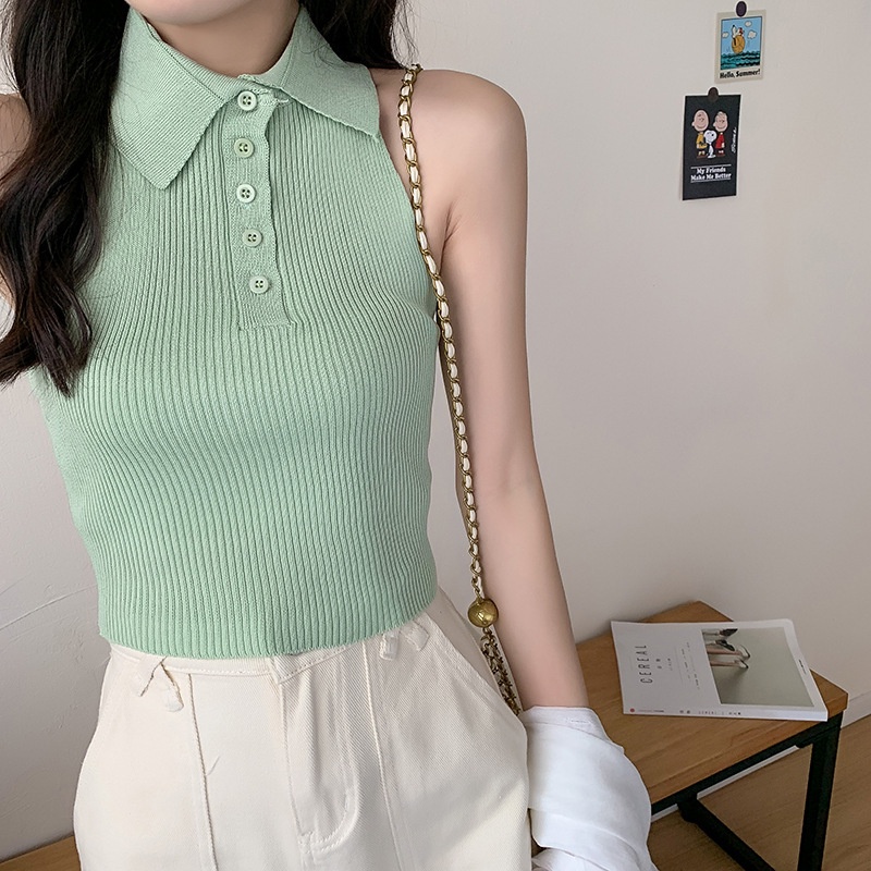 Áo len dệt kim sát nách cổ bẻ dáng croptop cực xinh