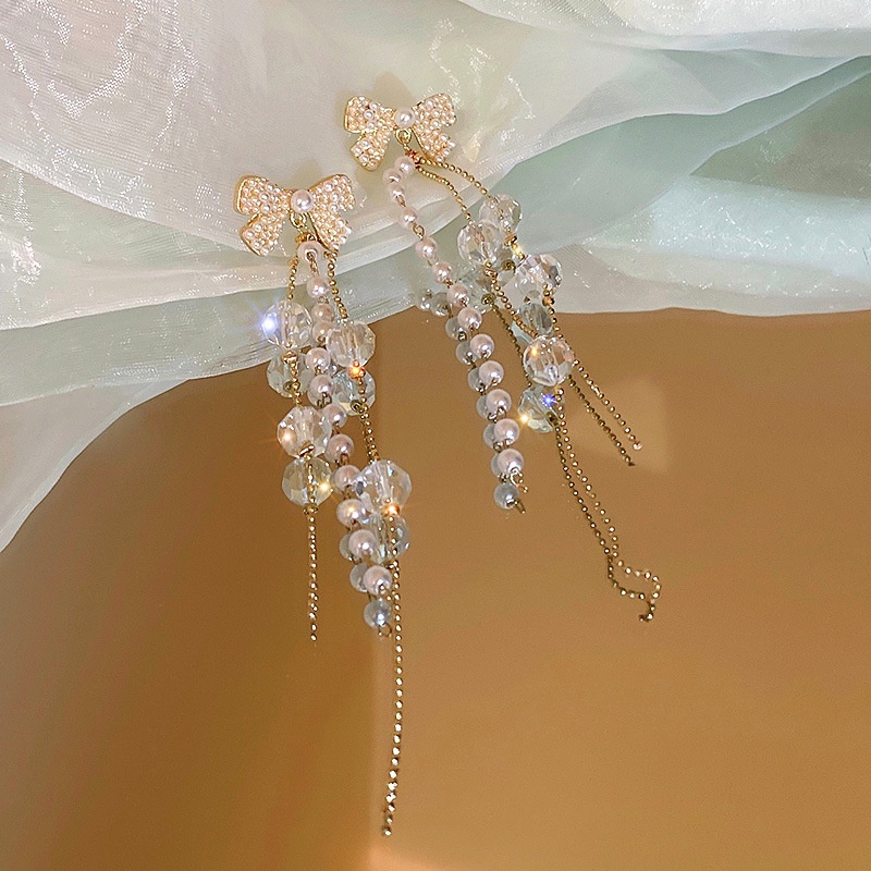 Bông Tai Mạ Bạc 925 Dáng Dài Phối Nơ Đính Ngọc Trai Sang Trọng