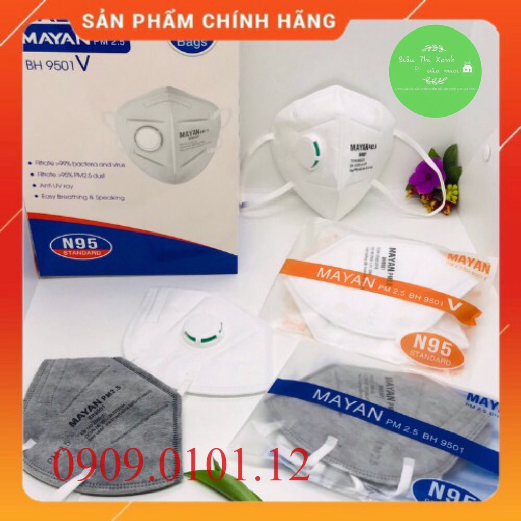 Khẩu trang n95 Mayan bh9501 chính hãng, kn95 mask đệm mũi cao cấp lớp lọc kháng khuẩn than hoạt tính