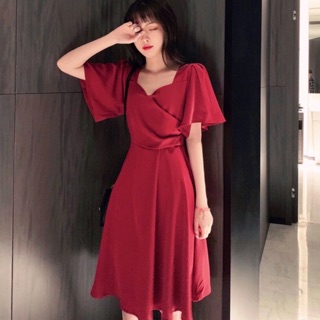 Đầm dự tiệc, váy đỏ cổ V xếp li eo, váy noel, váy tết (kèm hình thật)