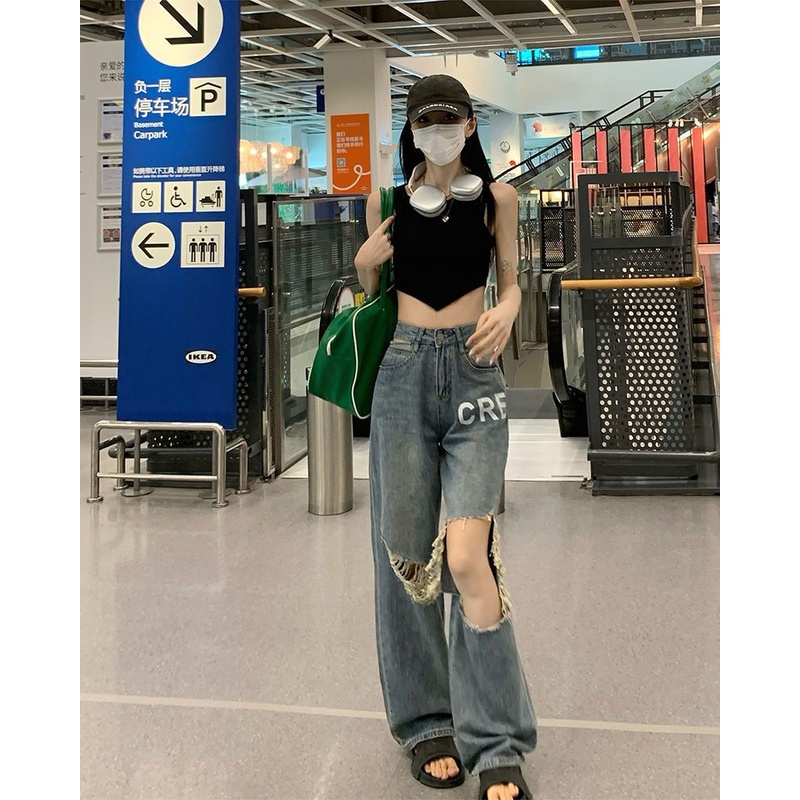 Quần Jean Dài Lưng Cao Ống Rộng Rách Gối Phong Cách Retro Mỹ Thời Trang Mùa Hè Mới Cho Nữ