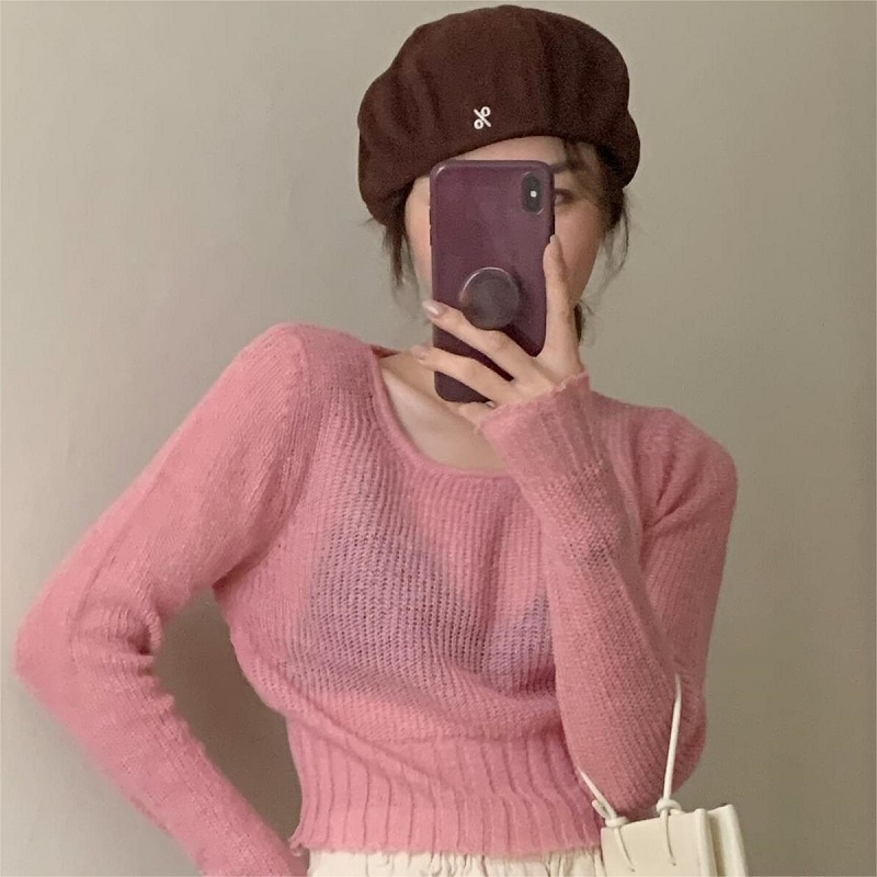 Áo len ZHELIHANGFEI tay dài dáng rộng lưng cao quyến rũ dễ phối đồ cho nữ