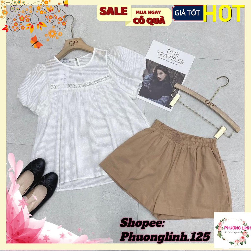 SET BỘ ÁO REN TRẮNG TAY BỒNG MIX SOOC NÂU | BigBuy360 - bigbuy360.vn