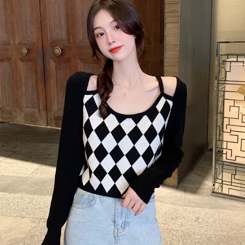 Áo dệt kim trễ vai giả hai lớp họa tiết sọc caro thời trang cho nữ