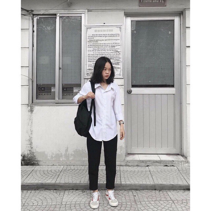 [Rẻ Vô Địch] Áo Sơ Mi Nữ Dài Tay TRƠN Basic Unisex Dáng Rộng Trắng và Đen Kiểu áo sơ mi nữ tay dài form rộng suông