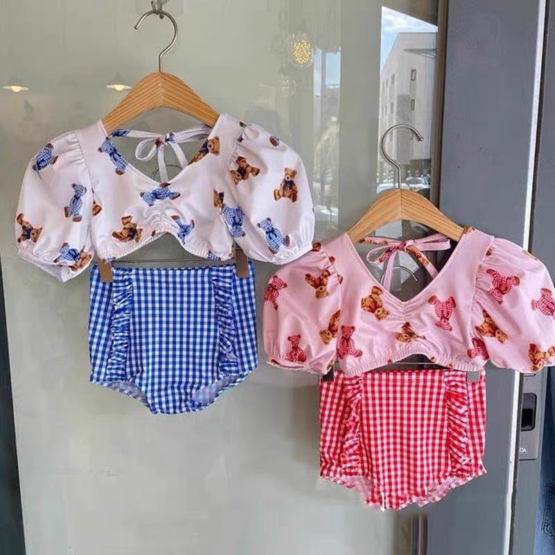 Bộ Đồ Bơi Ba Mảnh Áo Tay Ngắn + Quần Short + Nón Bơi Cho Bé Gái