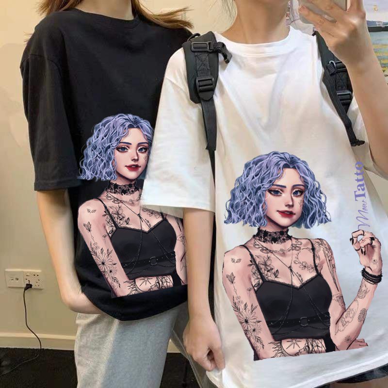 Áo thun tay lỡ Cô bé Tatto tóc xanh, form rộng phông nam nữ unisex, phong cách trẻ Hàn quốc hot trend