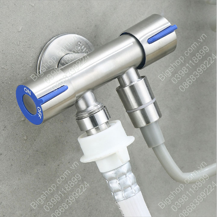 Vòi nước lạnh 2 đầu ra gắn tường bằng, đường kính ren và ra 21mm, đầu ra 01 đâu tạo bọt và 01 đầu gắn máy giặt
