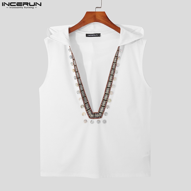 INCERUN Áo Hoodie Cổ Chữ V Dáng Rộng Phong Cách Retro Thời Trang Mùa Hè Giản Dị Dành Cho Nam