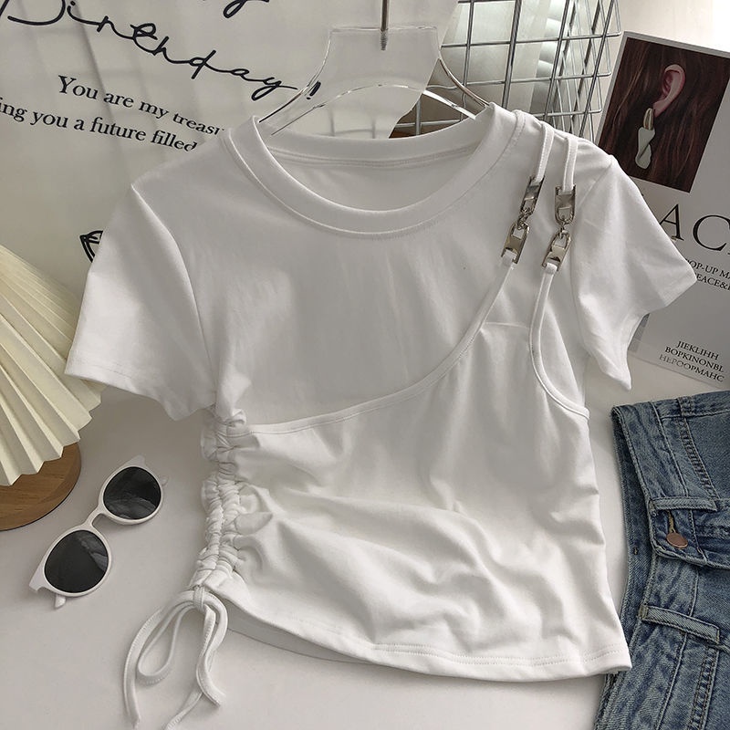 Áo Thun Croptop Cổ Tròn Tay Ngắn Phong Cách Hàn Quốc Thời Trang Mùa Hè Xinh Xắn Cho Nữ