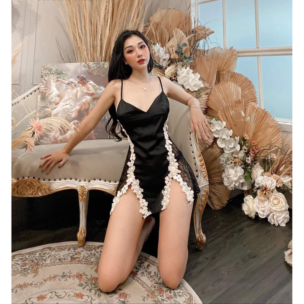 Váy ngủ hai dây lụa satin  phối ren hông sườn sexy cao cấp Đầm mặc nhà gợi cảm quyến rũ