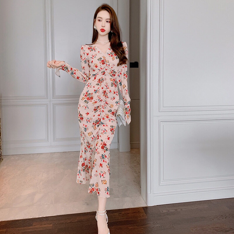 ZYHT Đầm Cổ Chữ V Họa Tiết Hoa Phong Cách Pháp Cho Nữ váy dạ hội 5342