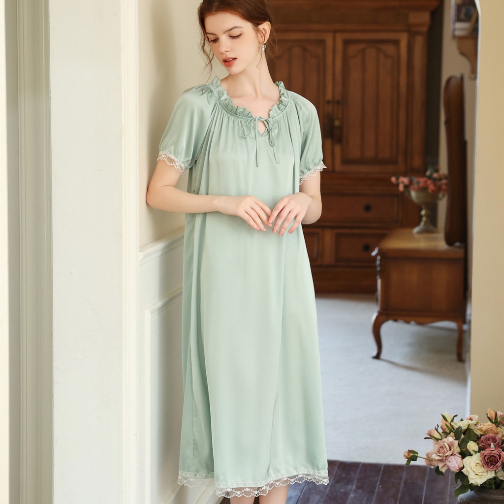 Đầm Ngủ Tay Ngắn Phối Ren Thời Trang Dành Cho Nữ