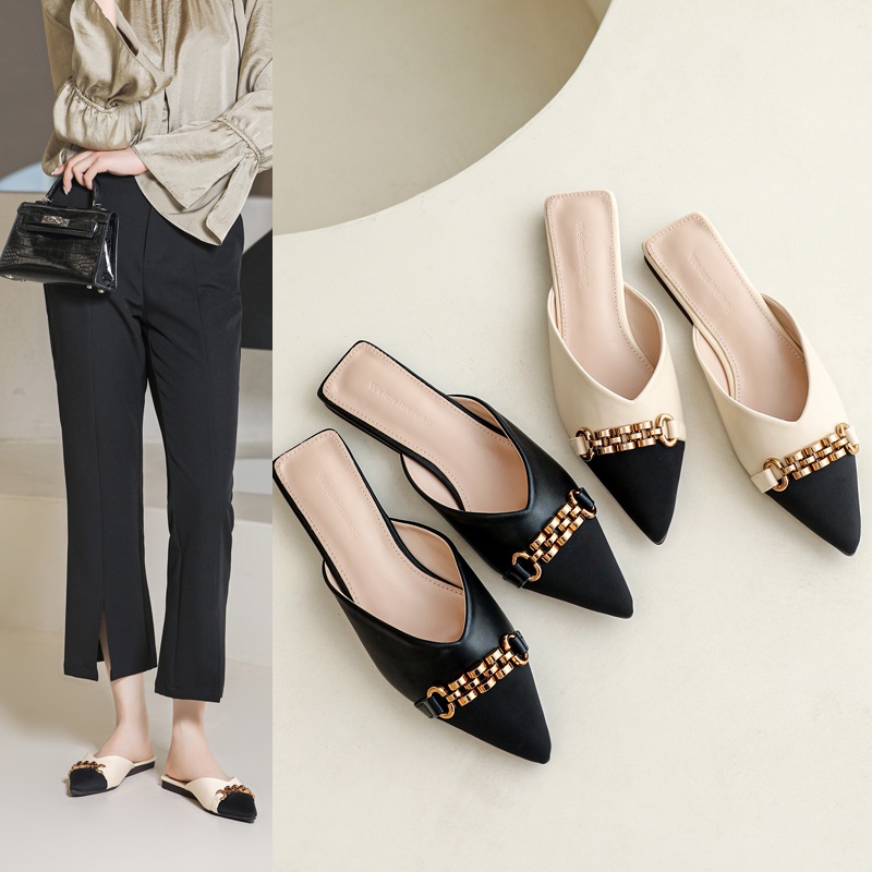 Dép Muller Mũi Nhọn Đế Bằng Phối Màu Sắc Tương Phản Thời Trang Cho Nữ Size 35-40