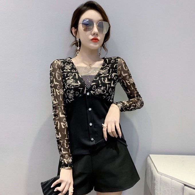 Áo lưới dài tay Áo thun dài tay nữ Phối Lưới In Họa Tiết Kim Cương Kiểu Mới