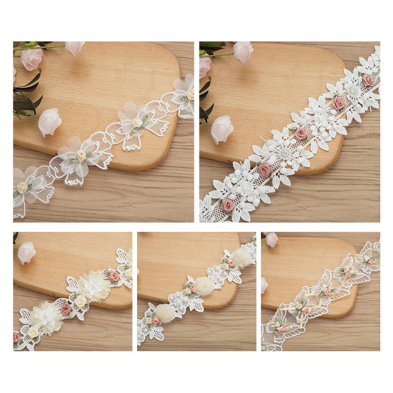 Cuộn Dây Ruy Băng Thêu Hoa Hồng 1 Yard Đính Hạt Ngọc Trai Diy