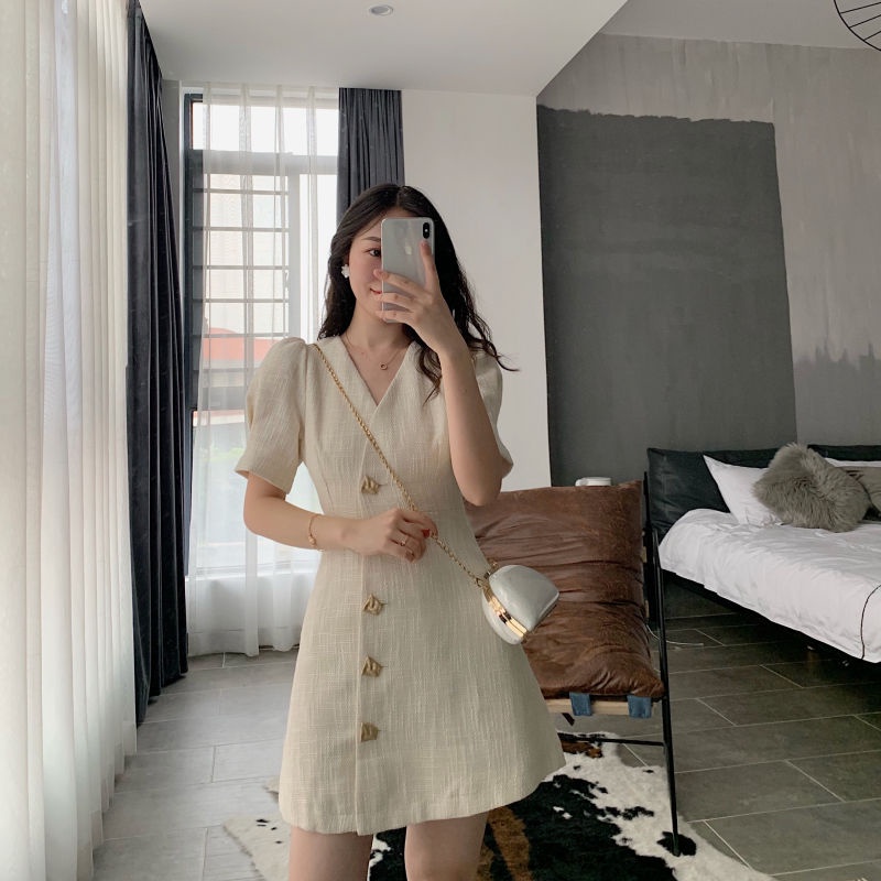 Đầm Tay Phồng Cổ Chữ V Họa Tiết Sọc Caro Thời Trang Mùa Hè Cho Nữ