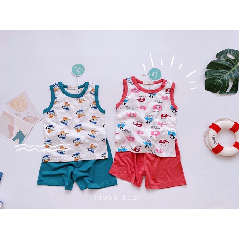 BL01 Bộ Ba Lỗ Thông Hơi Quần Thun Lạnh Miwookid Hoạ Tiết Disney Cho Bé Từ 8kg đến 18kg