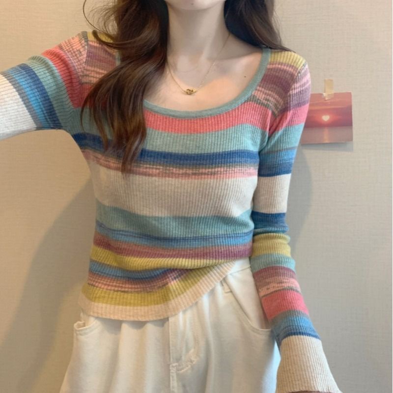 Áo sweater Dệt Kim Cổ Vuông Tay Dài Dáng Ôm Kẻ Sọc Màu Cầu Vồng Thời Trang Thu Đông Cho Nữ