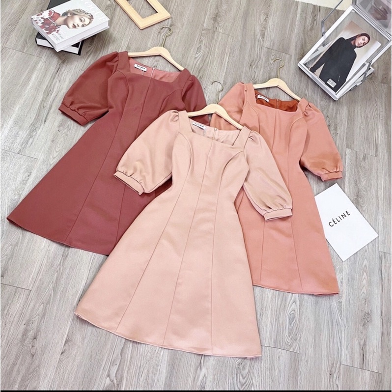 Váy xòe trơn cổ vuông tay lỡ ZYM'S HOUSE màu cam đào