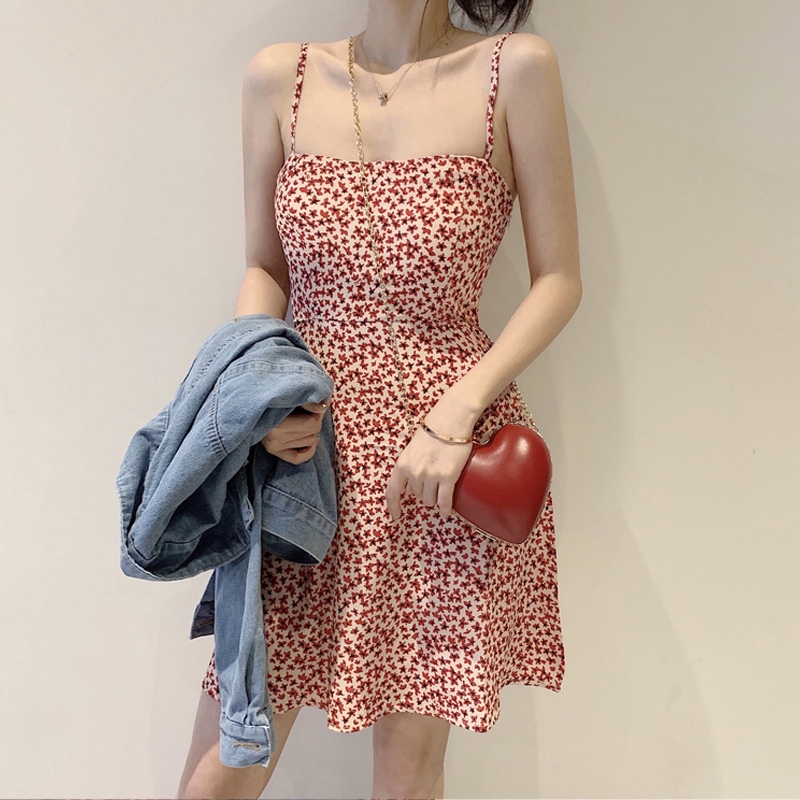 Đầm hoa SUXI hai dây phong cách Hàn Quốc quyến rũ cho nữ