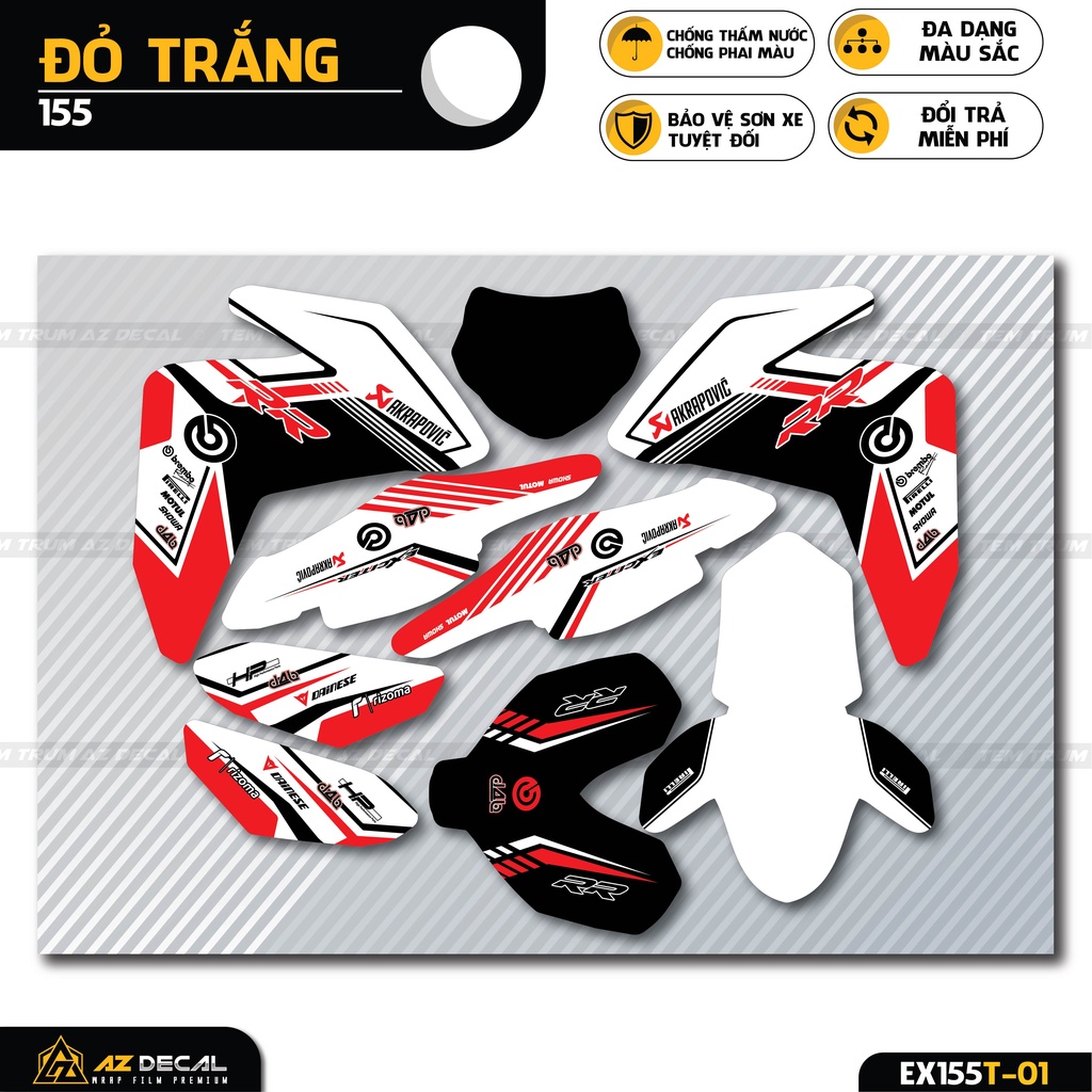 Tem Trùm Exciter 155 Mẫu Akrapovic | EX155T-01 | Decal Dán Xe Ex 155 Đẹp Nhiều Màu Đen, Trắng, Xanh GP