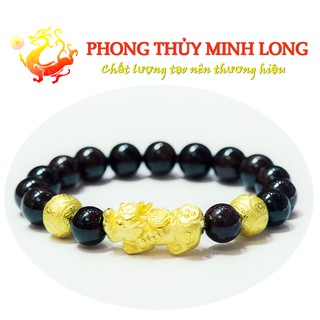 Vòng tay đá Mã Não Đen 3A mix tỳ hưu và 2 hạt kim tiền Vàng - Vòng tay phong thủy