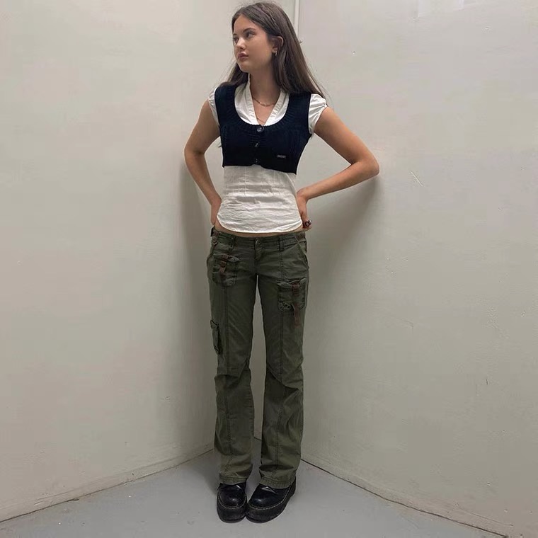 Quần Jean Dài Lưng Thấp Màu Trơn Phối Túi Kiểu Vintage Thời Trang Cho Nữ
