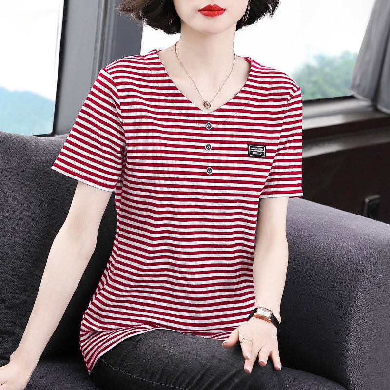 Áo Thun Tay Ngắn Cổ Chữ V Dáng Rộng Họa Tiết Kẻ Sọc Plus Size Cho Phụ Nữ Trung Niên