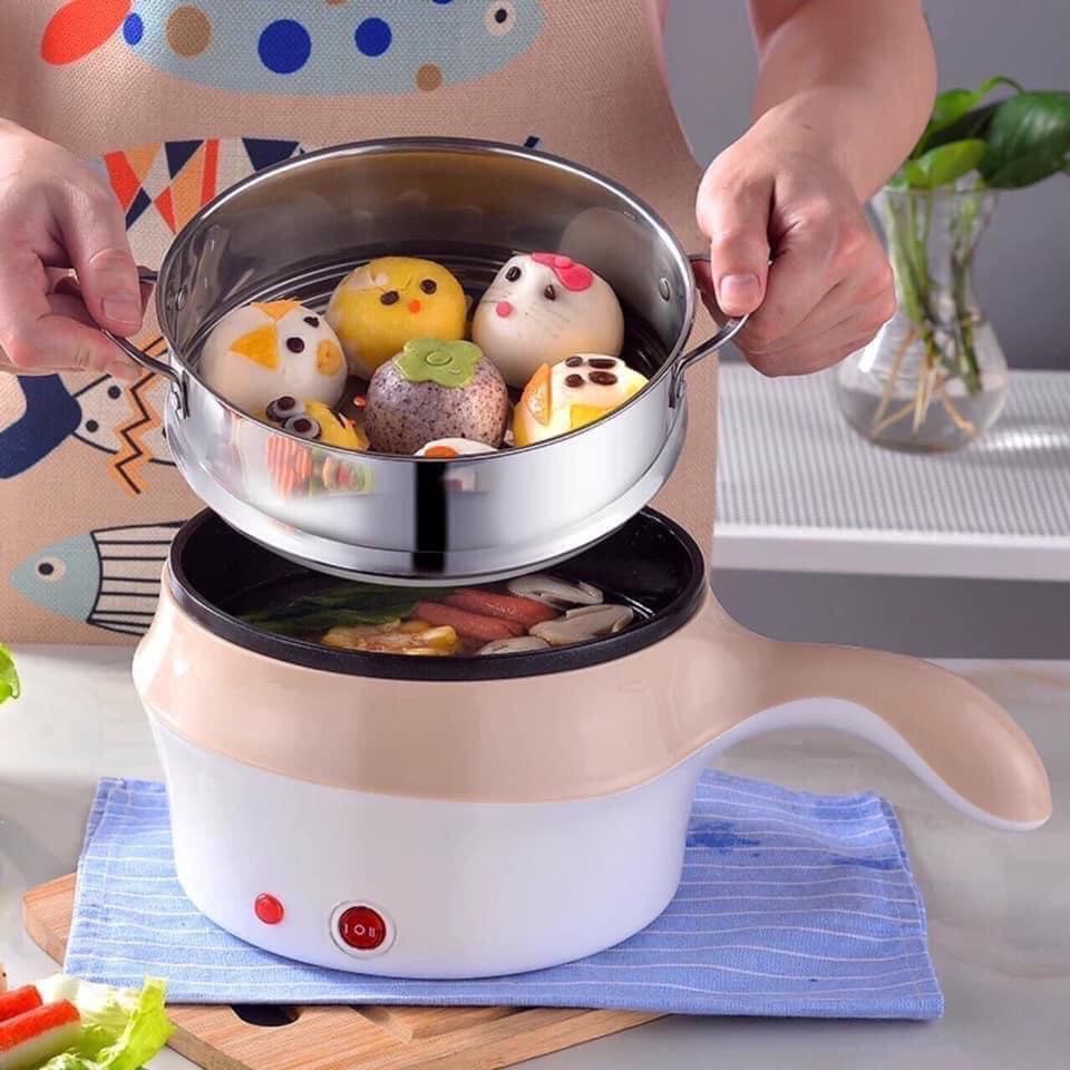 Nồi lẩu mini đa năng Electric Cooking Pot - Ca nấu mì có tay cầm kèm xửng hấp Inox cao cấp tiện dụng BH 1 tháng