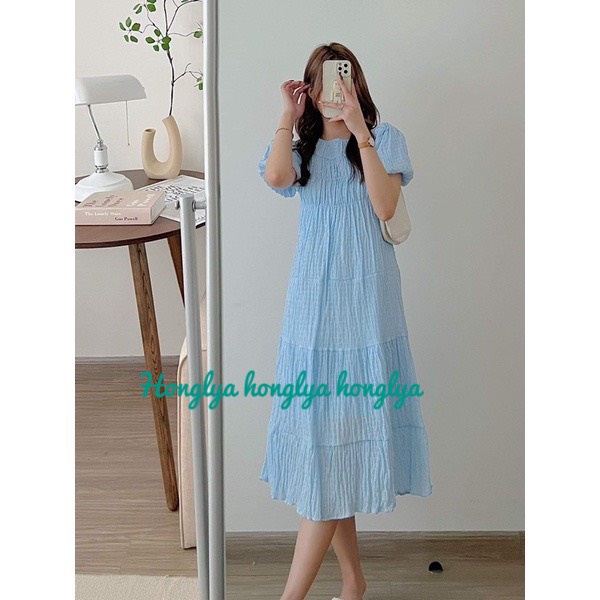 Đầm  xốp nhăn dập ly dọc váy tay bồng nhiều màu