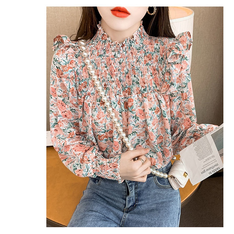 Áo Hoa Tay Dài Cổ Đứng Dáng Rộng Thời Trang Hàn Quốc