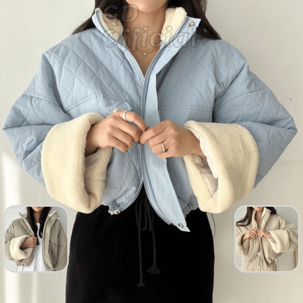 K83|Áo khoác phao cotton lót bông dài tay dày dặn giữ nhiệt mùa đông dáng croptop ngắn cho nữ kaki,xanh, xám GD Official