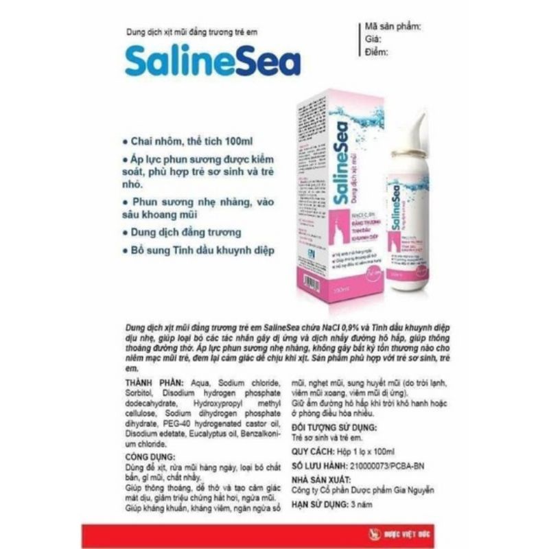 Xịt muối mũi nước biển sâu SalineSea chai nhôm 100ml dùng vệ sinh mũi hàng ngày cho trẻ từ sơ sinh