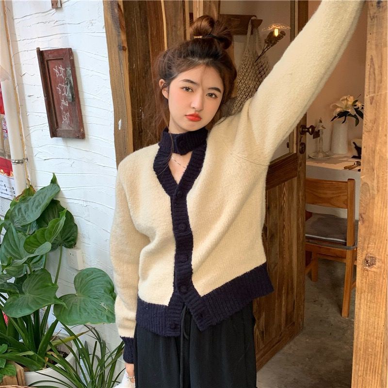 Áo khoác cardigan Pure Cube dệt kim màu sắc tương phản xinh xắn cho nữ