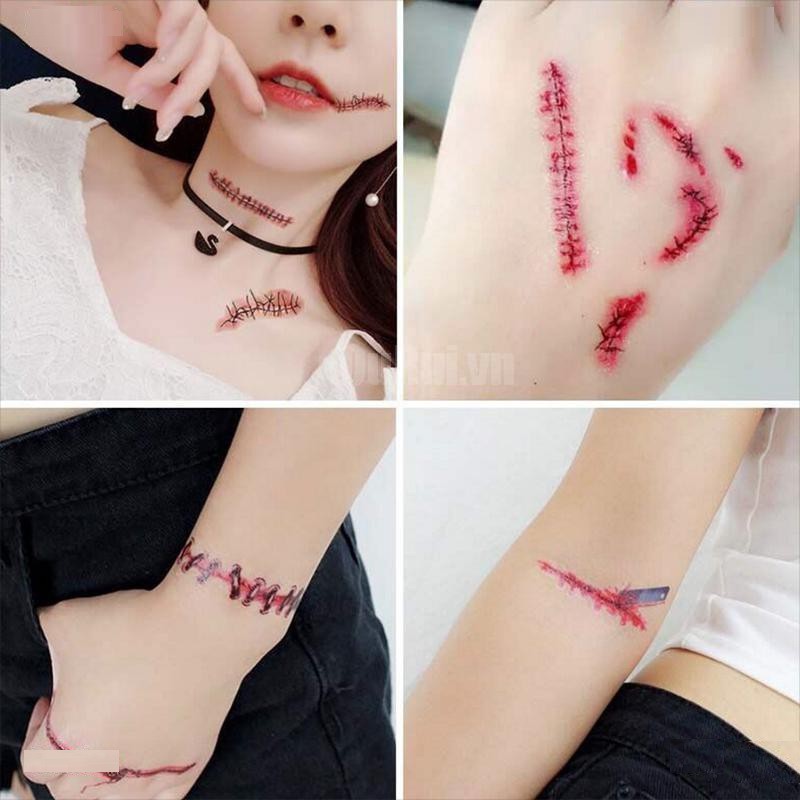 💥Sticker Dán Hình Xăm Giả Vết Thương Chống Nước Cho Halloween Troll Bạn Bè Máo Đao Búa Kéo Liềm Đỏ Dao Lam Vết 000339