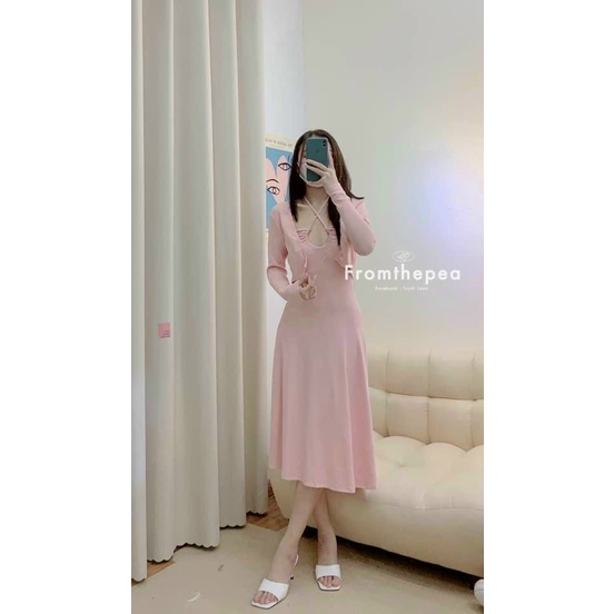 Set đầm body hồng rút dây eo kèm áo khoác trắng siêu xinh cho những cô nàng sexy nhà Tiệm nhỏ của Ryn