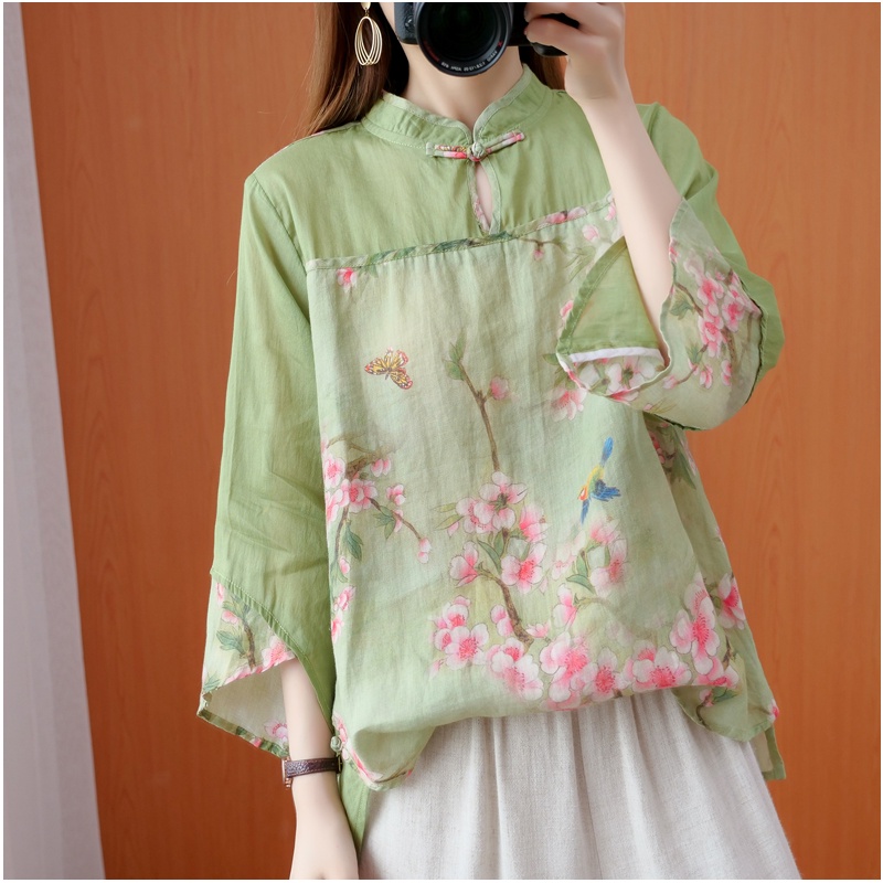 ☻ L O T U S ☻ Áo Kiểu Sườn Xám In Hoa Màu Xanh Lá Ca1551 - Bộ Sưu Tập Mới