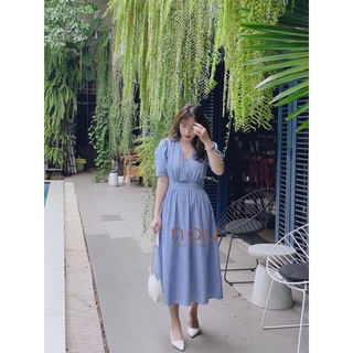 Đầm xanh sọc cổ V phối sơ mi bo eo