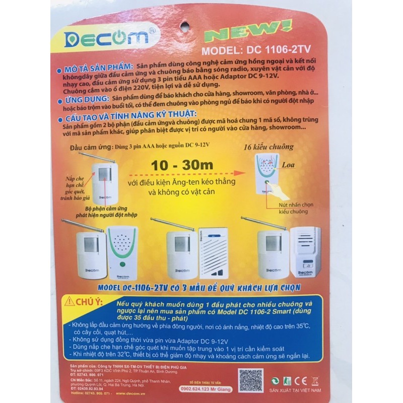 Chuông báo khách, báo động chống trộm hồng ngoại không dây Decom