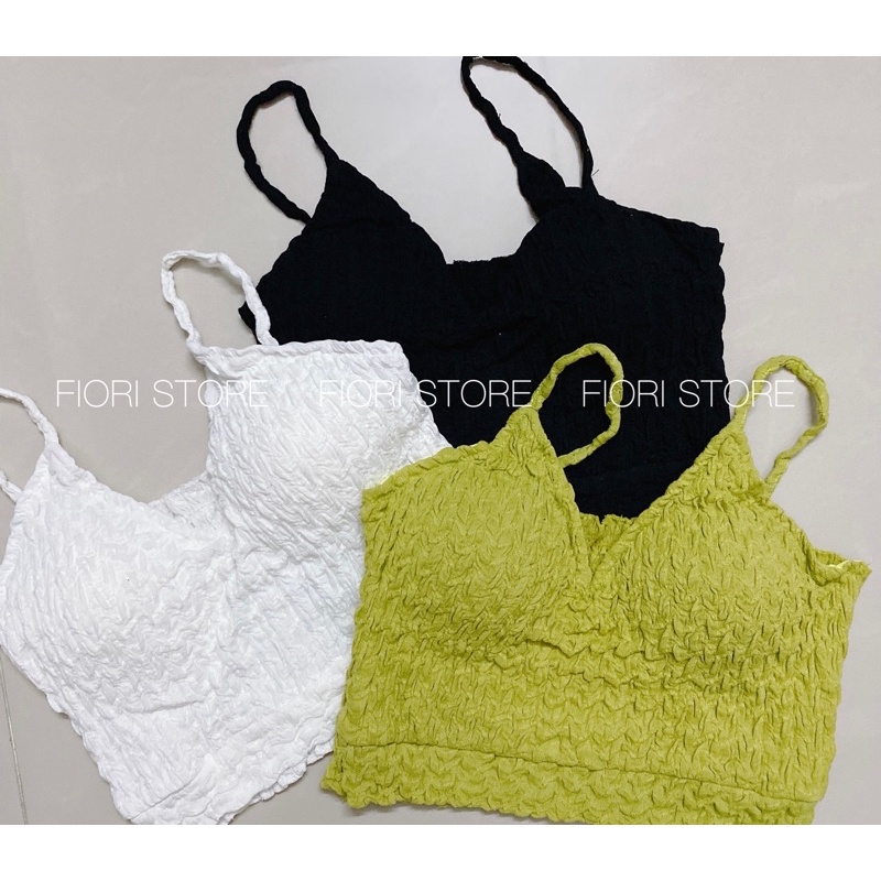 Áo croptop hai dây cổ tim ôm tôn dáng xốp nhún màu cực ngọt vải dập nổi có mút ngực 313 FIORI STORE