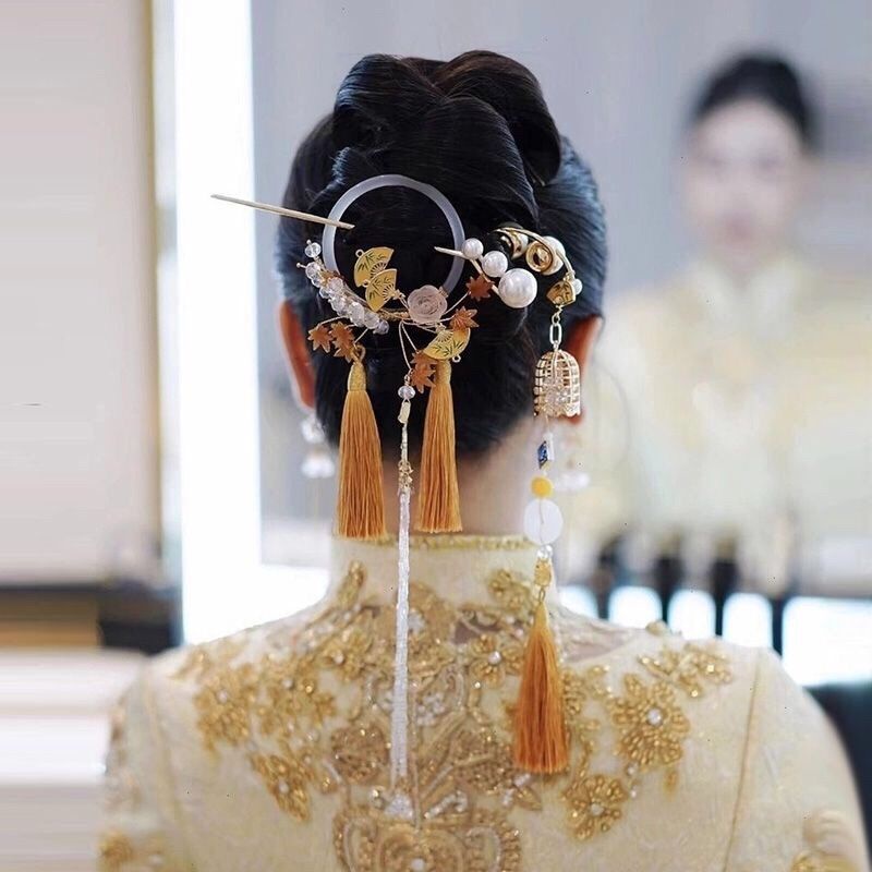 [Aishang Đẹp] Trâm Cài Tóc Đính Ngọc Trai Dáng Dài Tua Rua Thiết Kế Phong Cách Trung Hoa Mới Cho Cô Dâu Chụp Ảnh Cưới