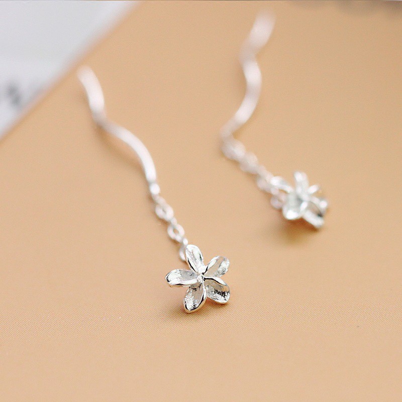 Khuyên tai bạc 925 bông Mai thả xích mới lạ duyên dáng thanh lịch Dế Bạc - K5854