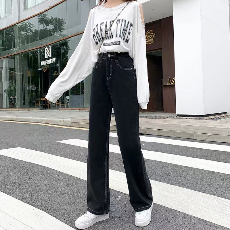 Quần Jeans Đen Lưng Cao Ống Rộng Phong Cách Hàn Quốc Cho Nữ