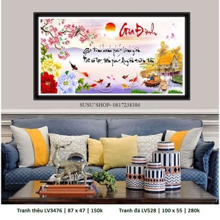 Tranh đính đá cao cấp ABC ( giá sỉ) LV528 (100x55cm) - Tranh thêu LV3476 (87x47cm) thư pháp Gia Đình