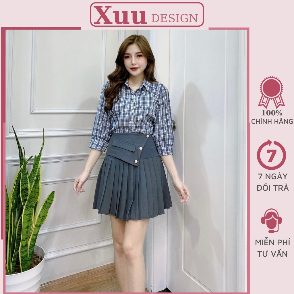 Áo Sơ mi kiểu nữ  Xuu Design, Áo Sơ mi nữ caro công sở Chất Vải Kate đẹp [Xu02 caro xanh]