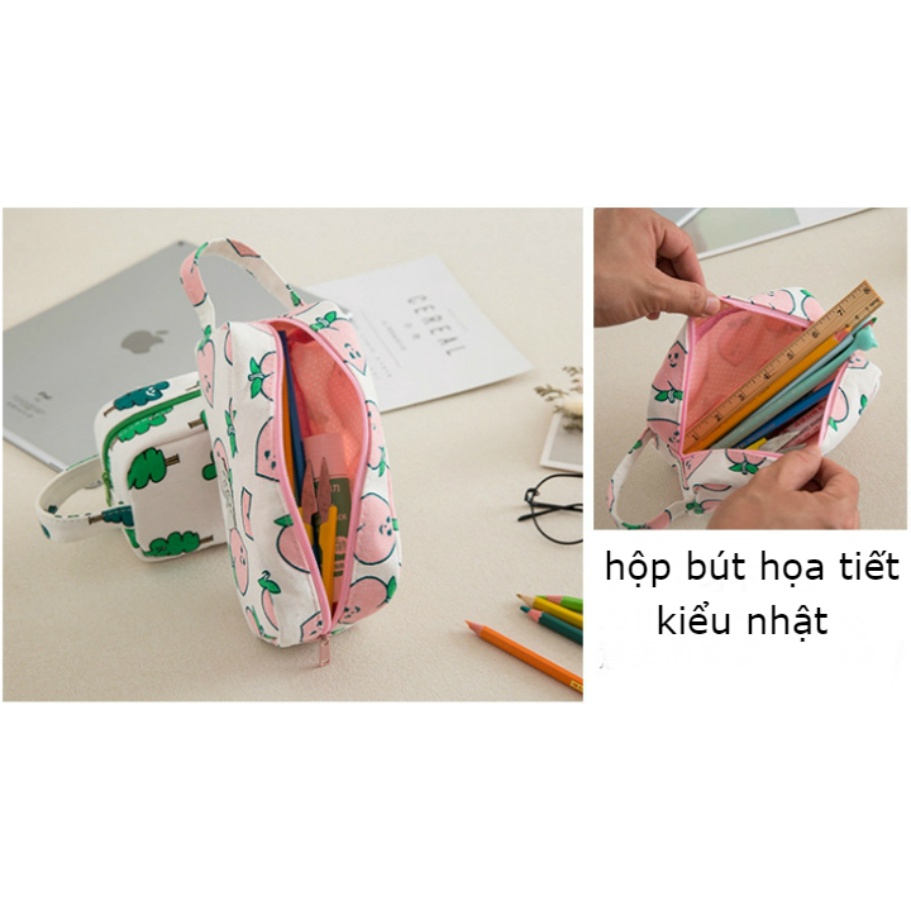 SG - Hộp bút vải canvas họa tiết kiểu nhật, hàn quốc cute, túi đựng viết đựng vừa máy tính cho học sinh nam nữ cấp 2