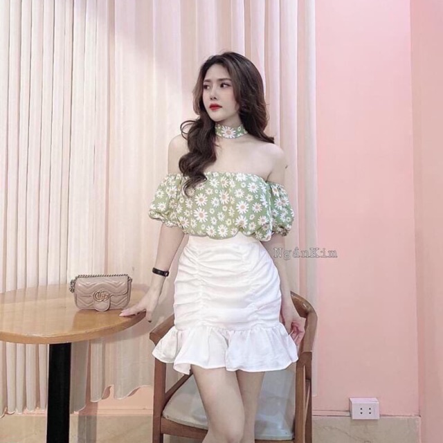 Set áo voan hoa chân váy nhúng lụa QC xin xắn HÀNG Y HÌNH, K KÈM CHOCKER